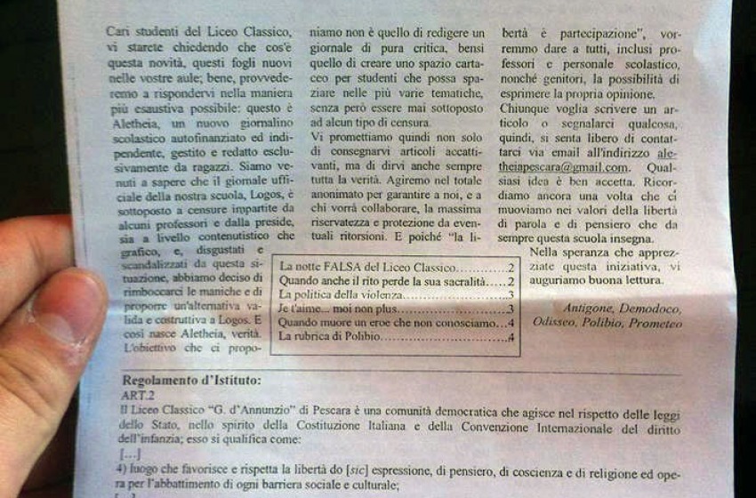 Giornalino censurato, scoppia un caso al Liceo Classico di Pescara?