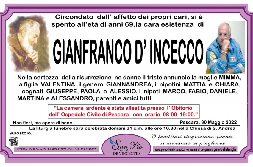 Lutto nella 'Misericordia' di Pescara per la scomparsa del fondatore Gianfranco D'Incecco