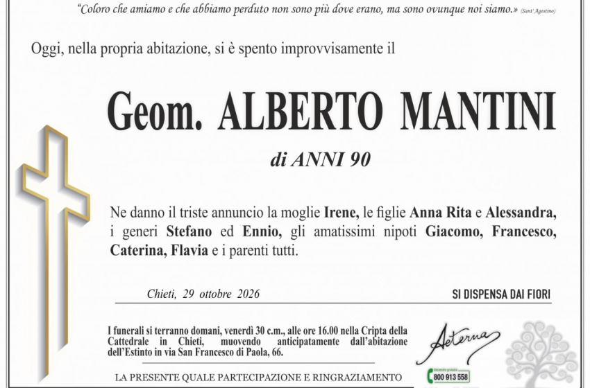 Addio ad Alberto Mantini, storico volto di Chieti: oggi l'ultimo saluto in San Giustino
